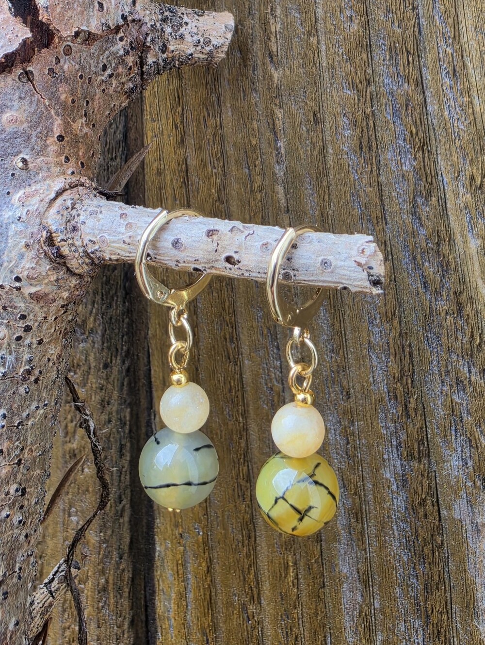 Dragon Vein Agate & Light Imperial Jade 18k Gold Plated Drop Earrings